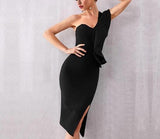 One-shoulder cut-out black midi dress