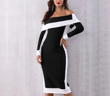 Duchess off-shoulder black and white midi dress