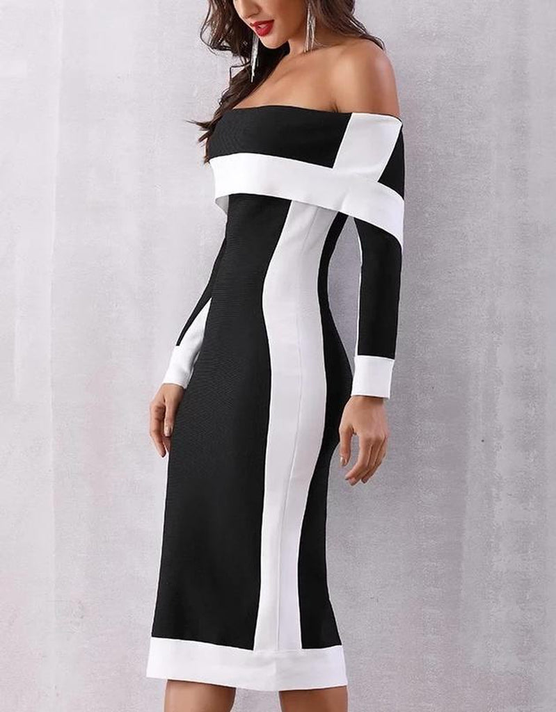 Duchess off-shoulder black and white midi dress
