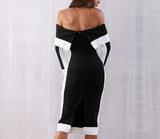 Duchess off-shoulder black and white midi dress