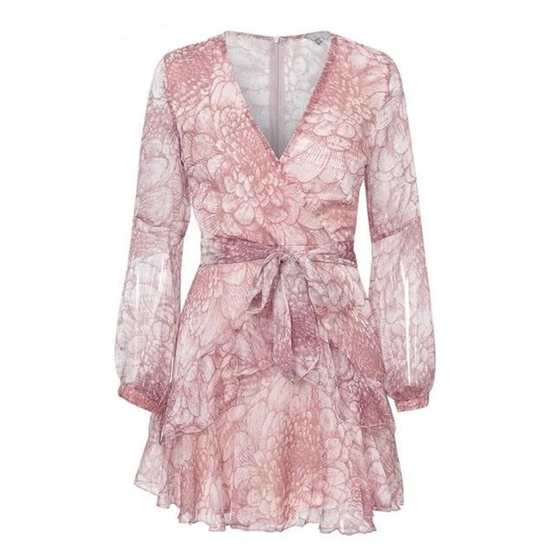 Ruffled mini dress with floral pink print