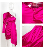 Terrence one-sleeve satin party mini dress in fuchsia