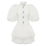 Buff sleeved ruffled mini dress in white