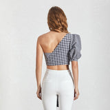 Plaid cold-shoulder asymmetric crop top