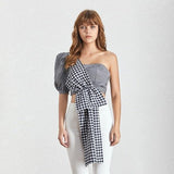 Plaid cold-shoulder asymmetric crop top