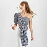 Plaid cold-shoulder asymmetric crop top