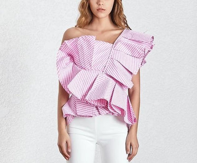 Striped pink ruffled asymmetric top