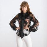 Cazette black mesh blouse with bow