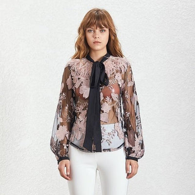 Cazette pink mesh blouse with bow