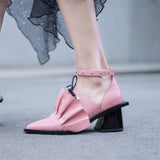 Pink ruffled square heels