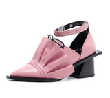 Pink ruffled square heels