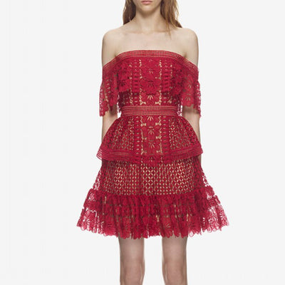 Rouge lace off-shoulder mini dress in red