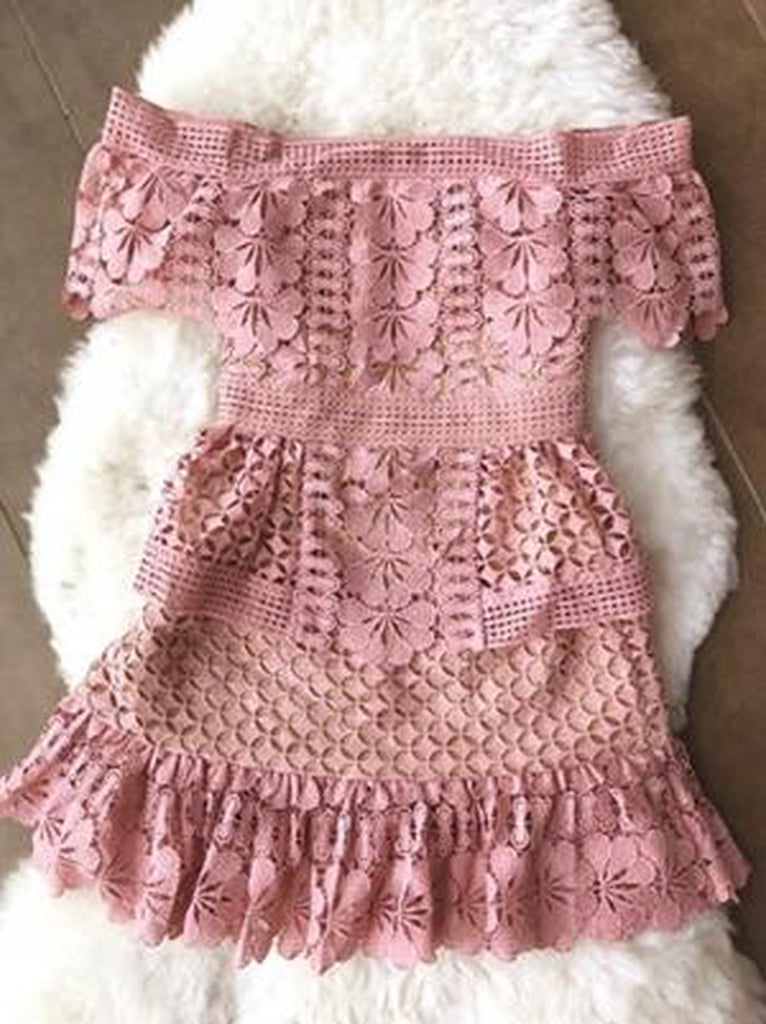 Rouge lace off-shoulder mini dress in pink