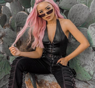 Laced-up faux leather crop top