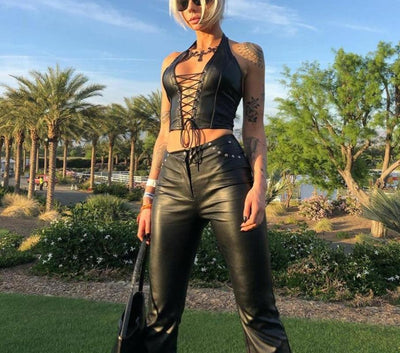 Laced-up faux leather crop top