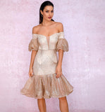 Off-shoulder mermaid midi dress in champagne white