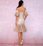 Off-shoulder mermaid midi dress in champagne white