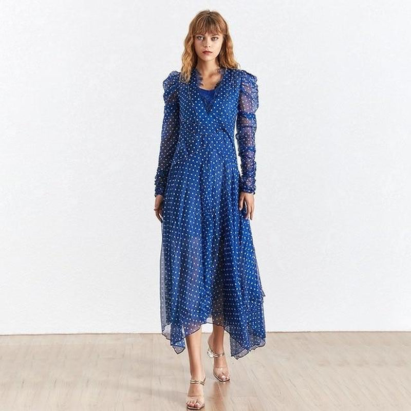 Tiana polka dot asymmetric maxi dress in blue