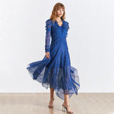 Tiana polka dot asymmetric maxi dress in blue