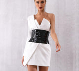 Angela one-sleeve white mini dress with black belt
