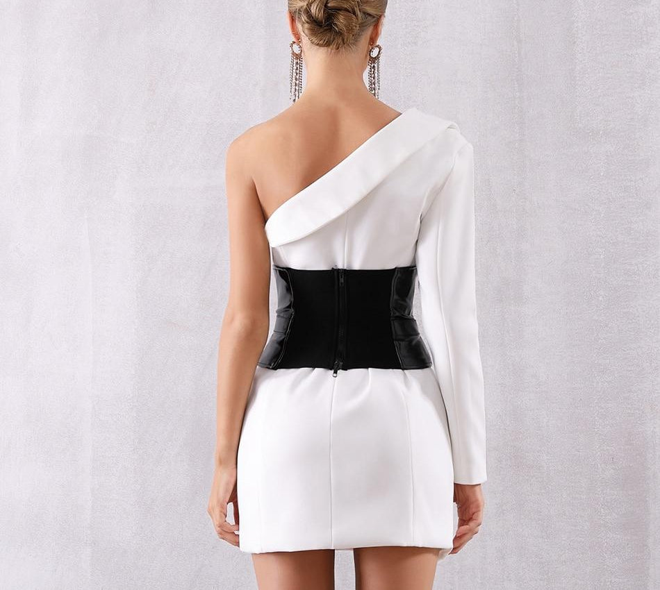 Angela one-sleeve white mini dress with black belt