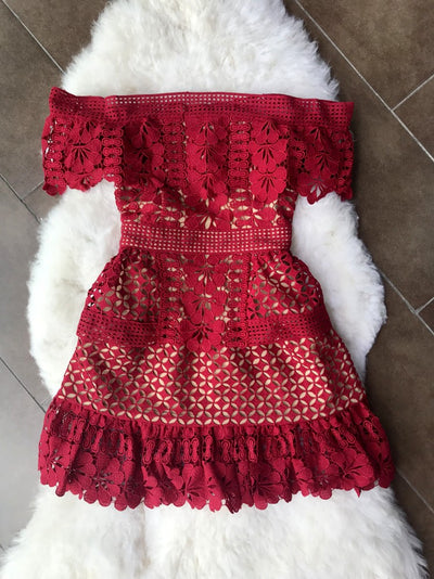 Rouge lace off-shoulder mini dress in red