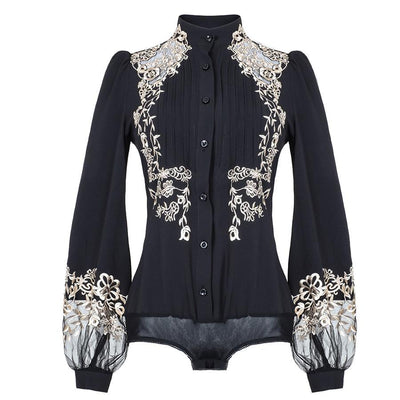 Lantern-sleeve embroidered bodysuit