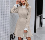 Turtleneck plaid flare mini dress in beige