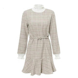 Turtleneck plaid flare mini dress in beige