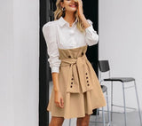 Belted color-block flared midi dress