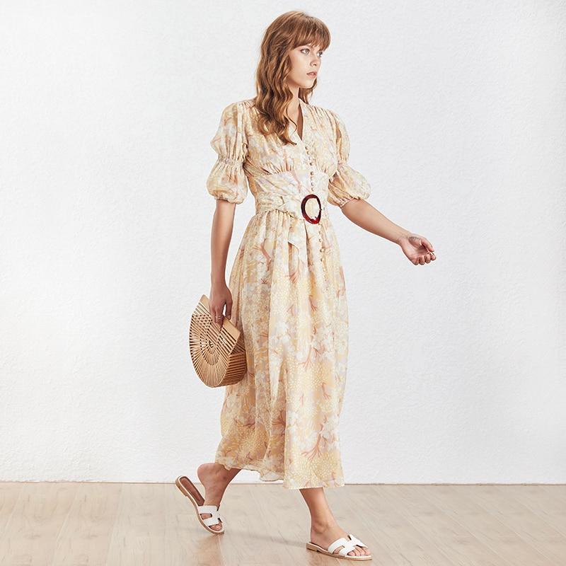 Puff sleeve belted floral maxi dress