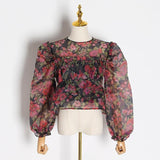 Puff-Sleeve O-Neck Floral Top