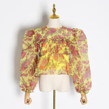 Puff-Sleeve O-Neck Floral Top