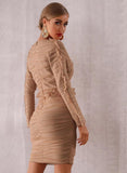 ROMINA draped ruffled mesh mini dress in beige