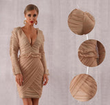 ROMINA draped ruffled mesh mini dress in beige