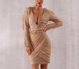 ROMINA draped ruffled mesh mini dress in beige