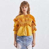 Ruffled pleated cold-shoulder ruffled blouse