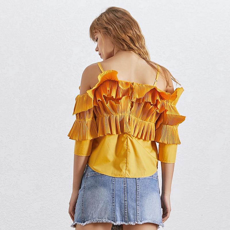 Ruffled pleated cold-shoulder ruffled blouse