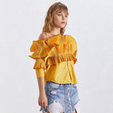 Ruffled pleated cold-shoulder ruffled blouse