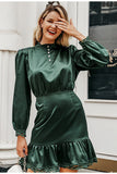 Satin ruffled mini dress in dark green