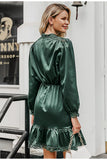 Satin ruffled mini dress in dark green