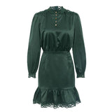 Satin ruffled mini dress in dark green