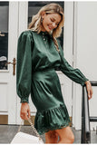 Satin ruffled mini dress in dark green