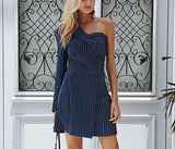 SLOANE striped one-shoulder navy blue dress