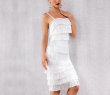 Spaghetti straps fringe white midi dress