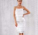 Spaghetti straps fringe white midi dress