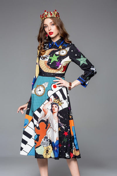 Surrealistic print beaded midi dress