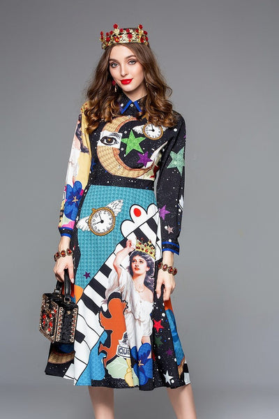 Surrealistic print beaded midi dress