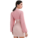 Turtleneck pleated laced pink dress