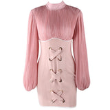 Turtleneck pleated laced pink dress